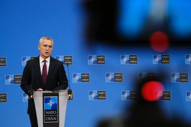 NATO Genel Sekreteri Jens Stoltenberg, NATO savunma bakanlarının 16 Haziran 2023 'te Brüksel, Belçika' daki NATO genel merkezinde yaptıkları toplantı sonrasında basın toplantısında konuştu..