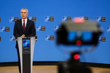 NATO Genel Sekreteri Jens Stoltenberg, NATO savunma bakanlarının 16 Haziran 2023 'te Brüksel, Belçika' daki NATO genel merkezinde yaptıkları toplantı sonrasında basın toplantısında konuştu..