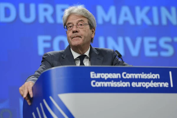 stock image Press conference by EU Commissioner Paolo GENTILONI on Fair and simple taxation in European Union in Brussels, Belgium on June 19, 2023.