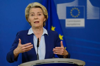 Avrupa Komisyonu Başkanı Ursula von der Leyen, Komisyon Heyeti 'nin Belçika' nın Brüksel kentindeki AB karargahında yaptığı toplantı sonrasında basın toplantısında konuştu. 20, 2023.