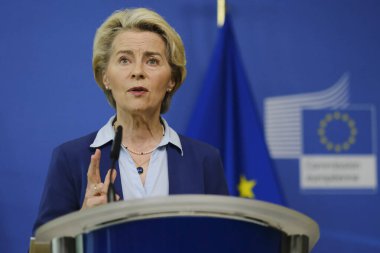 Avrupa Komisyonu Başkanı Ursula von der Leyen, Komisyon Heyeti 'nin Belçika' nın Brüksel kentindeki AB karargahında yaptığı toplantı sonrasında basın toplantısında konuştu. 20, 2023.