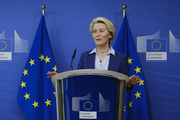 stock image European Commission President Ursula von der Leyen speaks during a media conference after a meeting of the College of Commissioners at EU headquarters in Brussels, Belgium on Jun. 20, 2023.