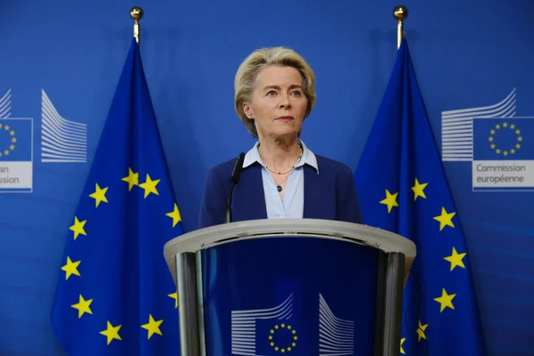 stock image European Commission President Ursula von der Leyen speaks during a media conference after a meeting of the College of Commissioners at EU headquarters in Brussels, Belgium on Jun. 20, 2023.