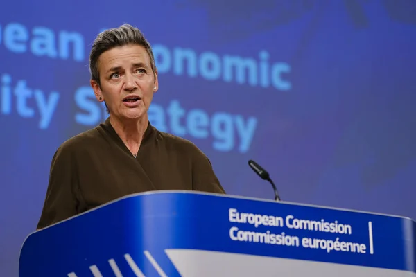 stock image Press conference by Executive Vice-President of EU Commission Margrethe VESTAGER on the European Economic Security Strategy in Brussels, Belgium on Jun. 20, 2023.