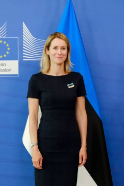 European Commission President Ursula von der Leyen, right, greets Estonia's Prime Minister Kaja Kallas prior to a meeting at EU headquarters in Brussels, Belgium on June 28, 2023. clipart