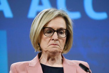 Avrupa Mali Hizmetlerden Sorumlu Komisyon Üyesi Mairead McGuinness 28 Haziran 2023 tarihinde Brüksel, Belçika 'da düzenlenen mali veri erişimi ve ödemeler konulu basın toplantısında konuştu..