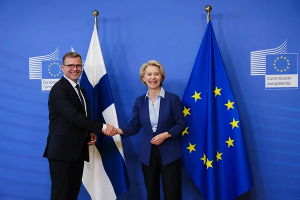 stock image European Commission President Ursula von der Leyen welcomes Petteri ORPO, Finnish Prime Minister at the EU headquarters in Brussels, Belgium on June 28, 2023.