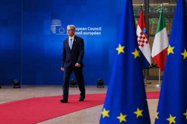 Bulgaristan Başbakanı Nikolay Denkov AB Zirvesi için 29 Haziran 2023 'te Brüksel' deki AB genel merkezine geldi..