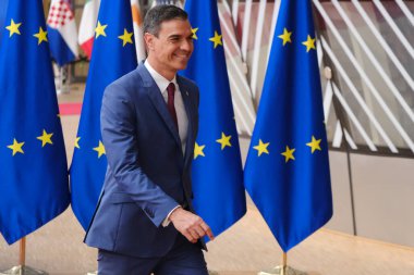 İspanya Başbakanı Pedro Sanchez 29 Haziran 2023 'te Brüksel' deki AB karargahına bir AB Zirvesi için geldi..
