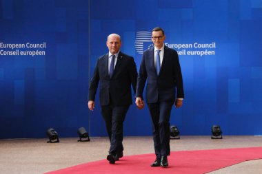 Polonya Başbakanı Mateusz Morawiecki AB Zirvesi için 29 Haziran 2023 'te Brüksel' deki AB genel merkezine geldi..