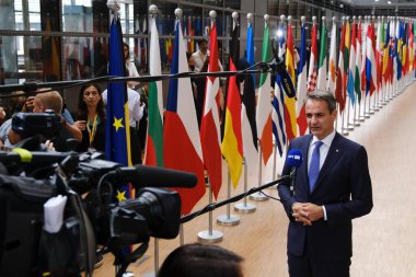 Yunanistan Başbakanı Kyriakos Mitsotakis, 29 Haziran 2023 'te Brüksel' deki AB genel merkezine bir AB Zirvesi için geldi..