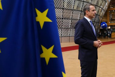 Yunanistan Başbakanı Kyriakos Mitsotakis, 29 Haziran 2023 'te Brüksel' deki AB genel merkezine bir AB Zirvesi için geldi..