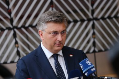 Hırvatistan Başbakanı Andrej Plenkoviç 29 Haziran 2023 'te AB' nin Brüksel 'deki genel merkezine bir AB Zirvesi için geldi..