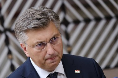 Hırvatistan Başbakanı Andrej Plenkoviç 29 Haziran 2023 'te AB' nin Brüksel 'deki genel merkezine bir AB Zirvesi için geldi..