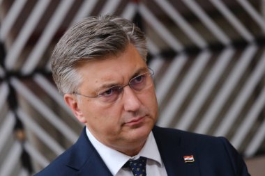 Hırvatistan Başbakanı Andrej Plenkoviç 29 Haziran 2023 'te AB' nin Brüksel 'deki genel merkezine bir AB Zirvesi için geldi..