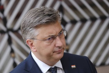 Hırvatistan Başbakanı Andrej Plenkoviç 29 Haziran 2023 'te AB' nin Brüksel 'deki genel merkezine bir AB Zirvesi için geldi..