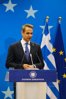 Yunanistan Başbakanı Kyriakos Mitsotakis, 30 Haziran 2023 'te Brüksel' deki AB genel merkezinde düzenlenen AB Zirvesi sonuçlarıyla ilgili basın açıklaması yaptı..