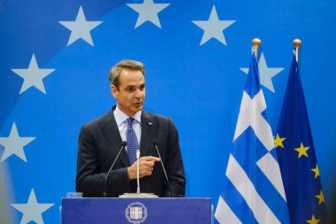 Yunanistan Başbakanı Kyriakos Mitsotakis, 30 Haziran 2023 'te Brüksel' deki AB genel merkezinde düzenlenen AB Zirvesi sonuçlarıyla ilgili basın açıklaması yaptı..