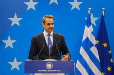 Yunanistan Başbakanı Kyriakos Mitsotakis, 30 Haziran 2023 'te Brüksel' deki AB genel merkezinde düzenlenen AB Zirvesi sonuçlarıyla ilgili basın açıklaması yaptı..