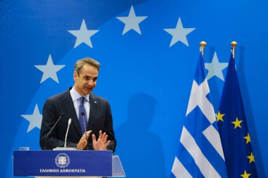 Yunanistan Başbakanı Kyriakos Mitsotakis, 30 Haziran 2023 'te Brüksel' deki AB genel merkezinde düzenlenen AB Zirvesi sonuçlarıyla ilgili basın açıklaması yaptı..