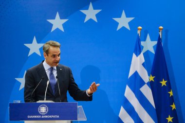 Yunanistan Başbakanı Kyriakos Mitsotakis, 30 Haziran 2023 'te Brüksel' deki AB genel merkezinde düzenlenen AB Zirvesi sonuçlarıyla ilgili basın açıklaması yaptı..