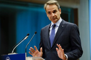 Yunanistan Başbakanı Kyriakos Mitsotakis, 30 Haziran 2023 'te Brüksel' deki AB genel merkezinde düzenlenen AB Zirvesi sonuçlarıyla ilgili basın açıklaması yaptı..