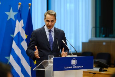 Yunanistan Başbakanı Kyriakos Mitsotakis, 30 Haziran 2023 'te Brüksel' deki AB genel merkezinde düzenlenen AB Zirvesi sonuçlarıyla ilgili basın açıklaması yaptı..