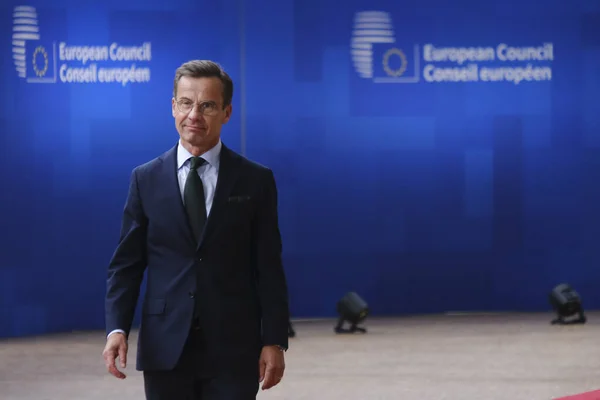 stock image Sweden's Prime Minister Ulf Kristersson arrives for a EU Summit, at the EU headquarters in Brussels, on June 29, 2023.