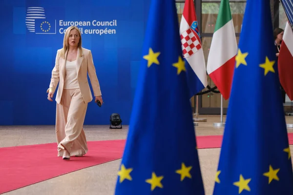 Italiens Premiärminister Giorgia Meloni Anländer Till Toppmöte Bryssel Den Juni — Stockfoto