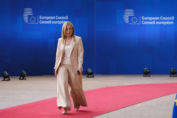 Italy Prime Minister Giorgia Meloni Arrives Summit Headquarters Brussels June — Stock Photo, Image