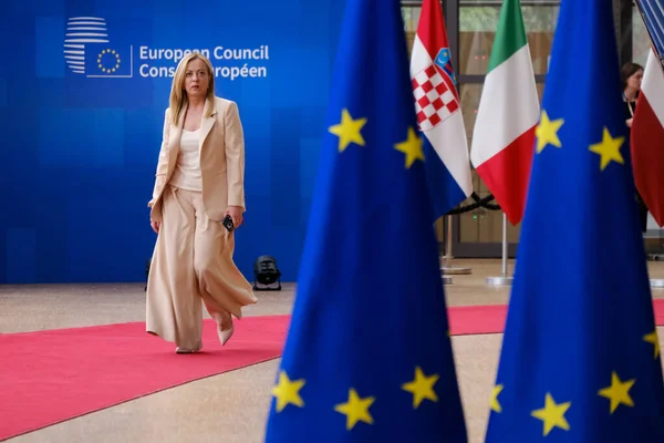 Primer Ministro Italia Giorgia Meloni Llega Sede Bruselas Junio 2023 — Foto de Stock