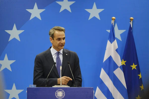 Primer Ministro Griego Kyriakos Mitsotakis Hace Una Declaración Prensa Sobre — Foto de Stock