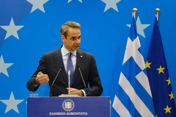Прем Міністр Греції Кіріакос Міцотакіс Заявляє Про Результати Саміту Брюсселі — стокове фото