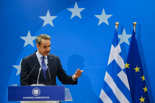 Premier Grecji Kyriakos Mitsotakis Wygłasza Oświadczenie Prasowe Temat Wyników Szczytu — Zdjęcie stockowe