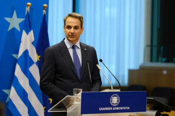 Primer Ministro Griego Kyriakos Mitsotakis Hace Una Declaración Prensa Sobre — Foto de Stock