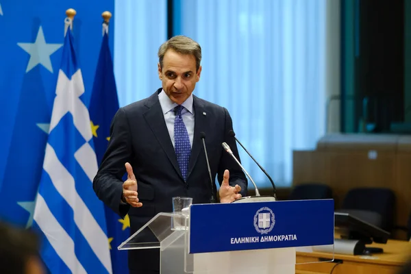 stock image Greece's Prime Minister Kyriakos Mitsotakis gives a press statement on the results of a EU Summit, at the EU headquarters in Brussels, on June 30, 2023.
