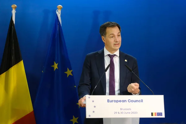 stock image Belgian Prime Minister Alexander De Croo gives a press statement on the results of a EU Summit, at the EU headquarters in Brussels, on June 30, 2023.