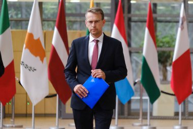 Avrupa Komisyonu sözcüsü Peter STANO, AB Dışişleri Konseyi 'nin (FAC) 20 Temmuz 2023' te Brüksel, Belçika 'daki AB genel merkezine bir toplantısı için geldi..