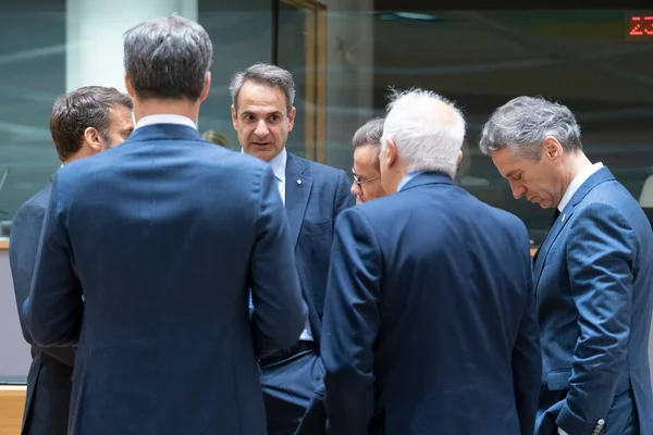 Greece Prime Minister Kyriakos Mitsotakis Arrives Summit Headquarters Brussels June — Stock Photo, Image