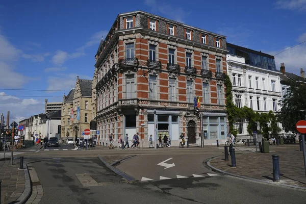 stock image Exterior view of residential buildings in historical city center of Ghent, Belgium on July 29, 2023.