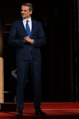 Greece's Prime Minister Kyriakos Mitsotakis waits for a meeting at Maximou mansion  in Athens, Greece on Aug. 21, 2023. clipart