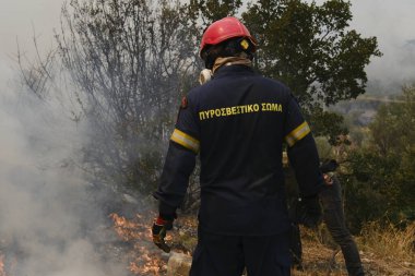 İtfaiyeciler ve gönüllüler, 22 Ağustos 2023 'te Atina' nın banliyösünde çıkan yangını söndürmek için su hortumlarını kullandılar..