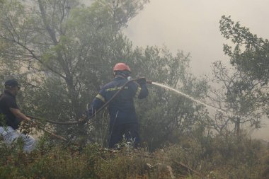 İtfaiyeciler ve gönüllüler, 22 Ağustos 2023 'te Atina' nın banliyösünde çıkan yangını söndürmek için su hortumlarını kullandılar..