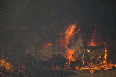 22 Ağustos 2023 'te Atina' nın banliyösünde çıkan yangında yanmış bir arabanın görüntüsü.