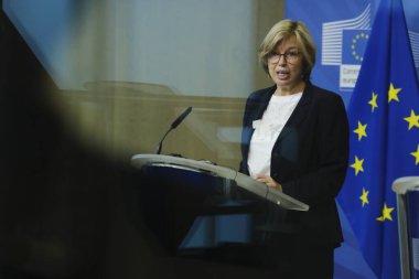 Avrupa Komisyonu Üyesi Ylva JOHANSSON ve Europol İcra Direktörü Catherine de BOLLE 'nin 11 Eylül 2023' te Brüksel, Belçika 'daki Avrupa Mali ve Ekonomik Suç Merkezi' nin haberi üzerine basın noktası..