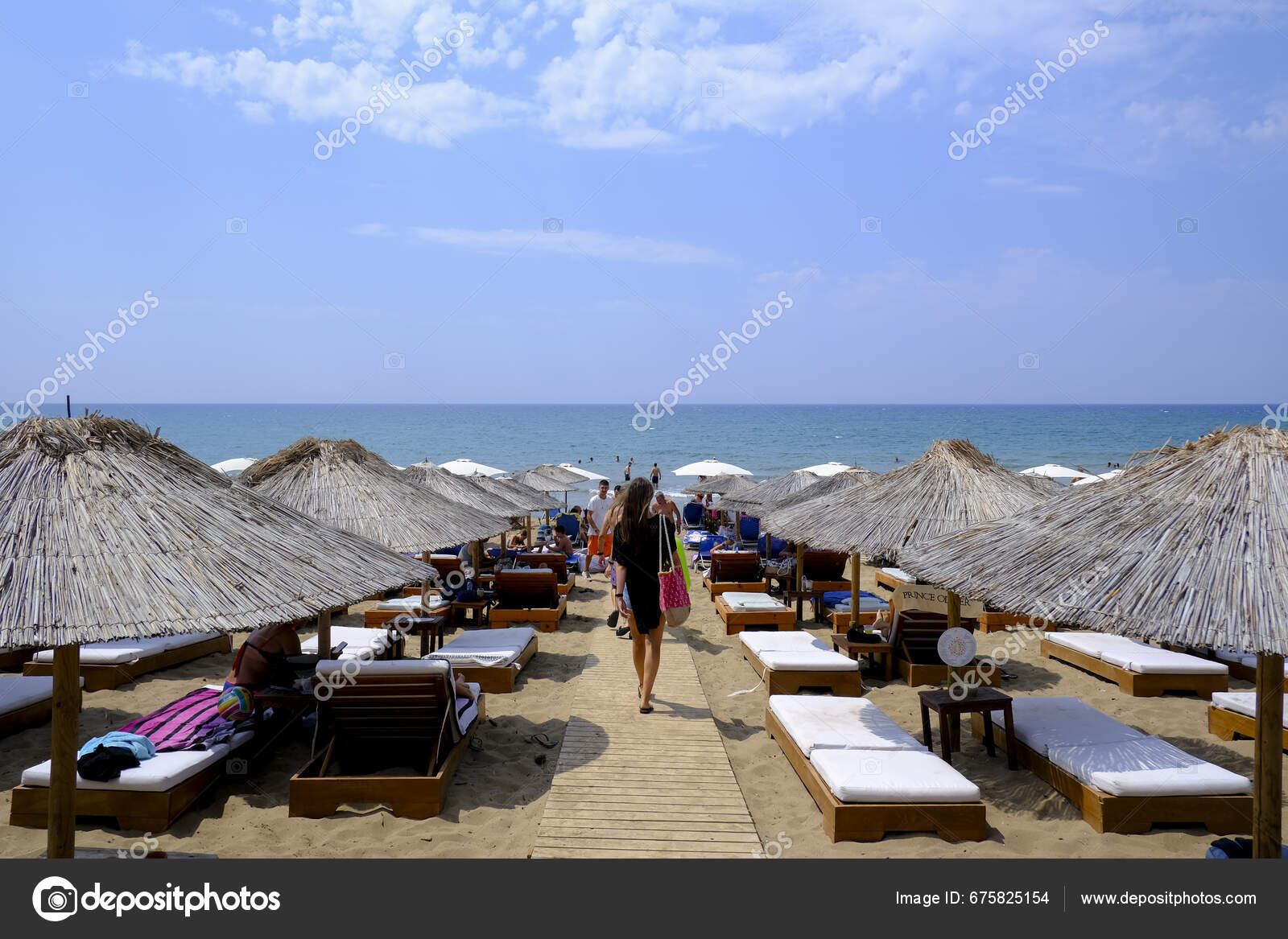 Sunbeds Umbrellas Beach Bar Sandy Beach Zacharo Greece August 2023