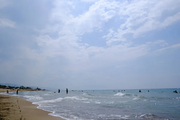 Bathers Enjoy Sea Sun Sandy Beach Zacharo Greece August 2023 — Stock Photo, Image