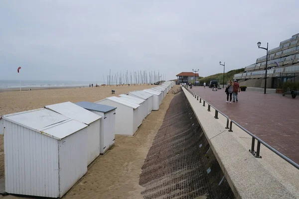 stock image Beach cabins in sandy beach of  De Haan, Belgium on September 17, 2023.