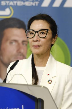 UDP İyi Niyet Elçisi Michelle Yeoh, 20 Eylül 2023 'te Brüksel, Belçika' daki yol güvenliği konulu basın toplantısında