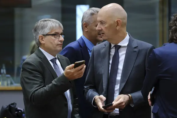 stock image Roland LESCURE, minister arrives to attend in EU Council of Internal Market and Industry in Brussels, Belgium on September 25, 2023.